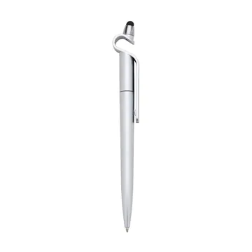 Caneta plástica com suporte para celular e touch screen. Carga esferográfica azul 1.0 mm e acionamento por rotação