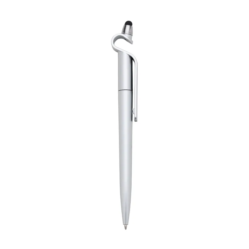 Caneta plástica com suporte para celular e touch screen. Carga esferográfica azul 1.0 mm e acionamento por rotação