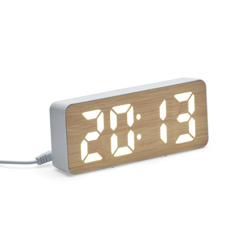 Relógio Despertador Plástico e Bambu Com Painel LED